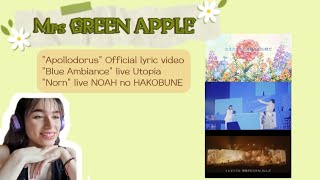 Reacting to Mrs GREEN APPLE: "Apollodorus" Official lyrics video, "Blue Ambience" live, "Norn" live