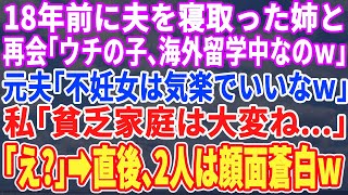 【スカッとする話】18年前に夫を奪った姉と再会「うちの子は天才だから海外留学よw」元夫「独身は気楽で良いなｗ」→私「貧乏家族は大変ねw」直後、後ろから現れた夫を見た2人は半狂乱にw
