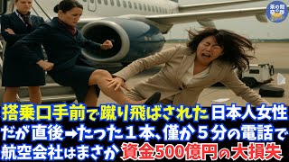 【海外の反応】飛行機搭乗口手前でファーストクラス席のチケット出すと、見た目だけでアメリカ人CAに蹴り飛ばし降ろされた素朴な日本人女性→1本の電話、たった5分で航空会社の資金500億円が損失する事態に…